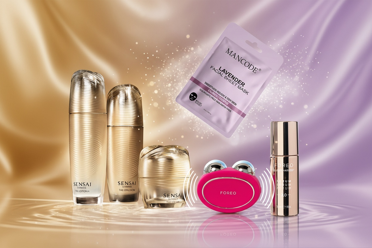 Skincare textures and fragrances symbolizing sensorial beauty and emotional wellness.