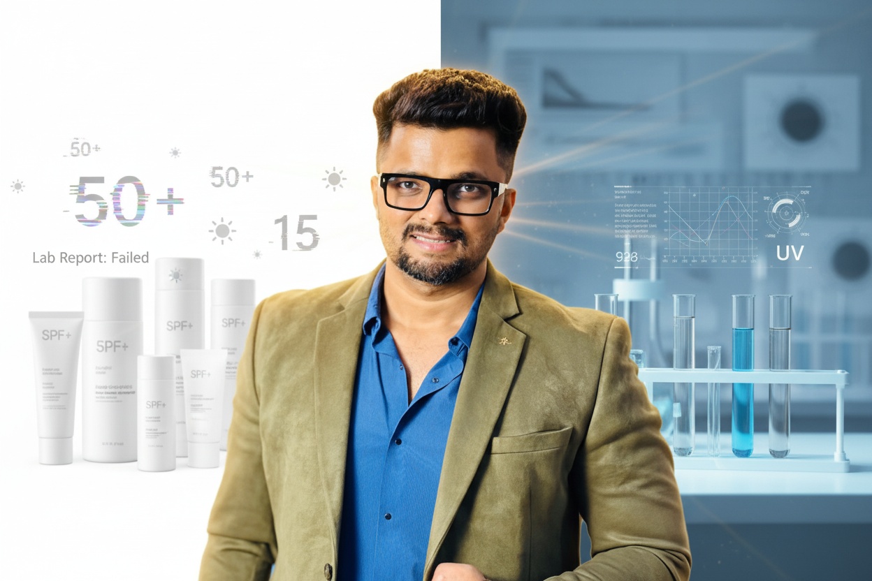 Influencer Nitin Joshi presenting sunscreen SPF test results.