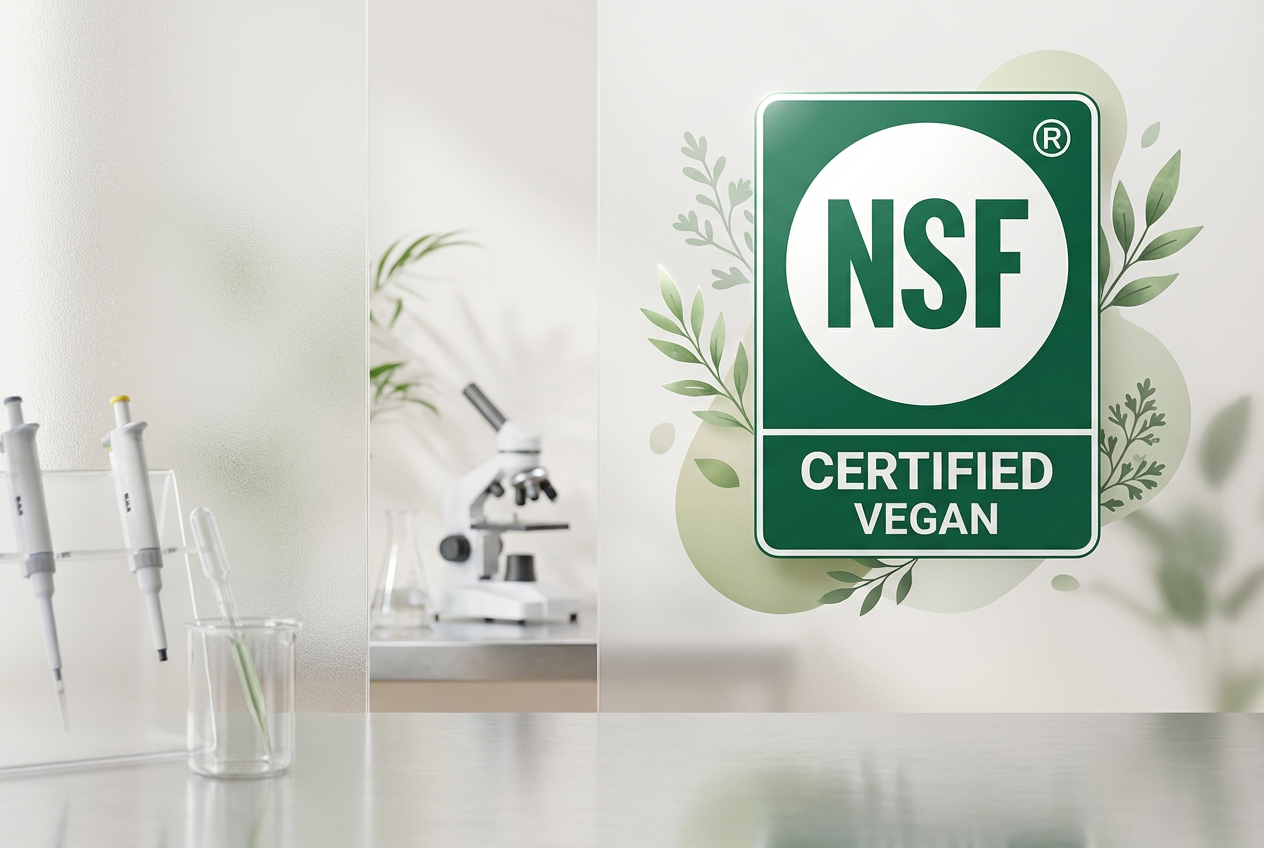 NSF Vegan and Cruelty-Free Certification seal for ethical beauty products.
