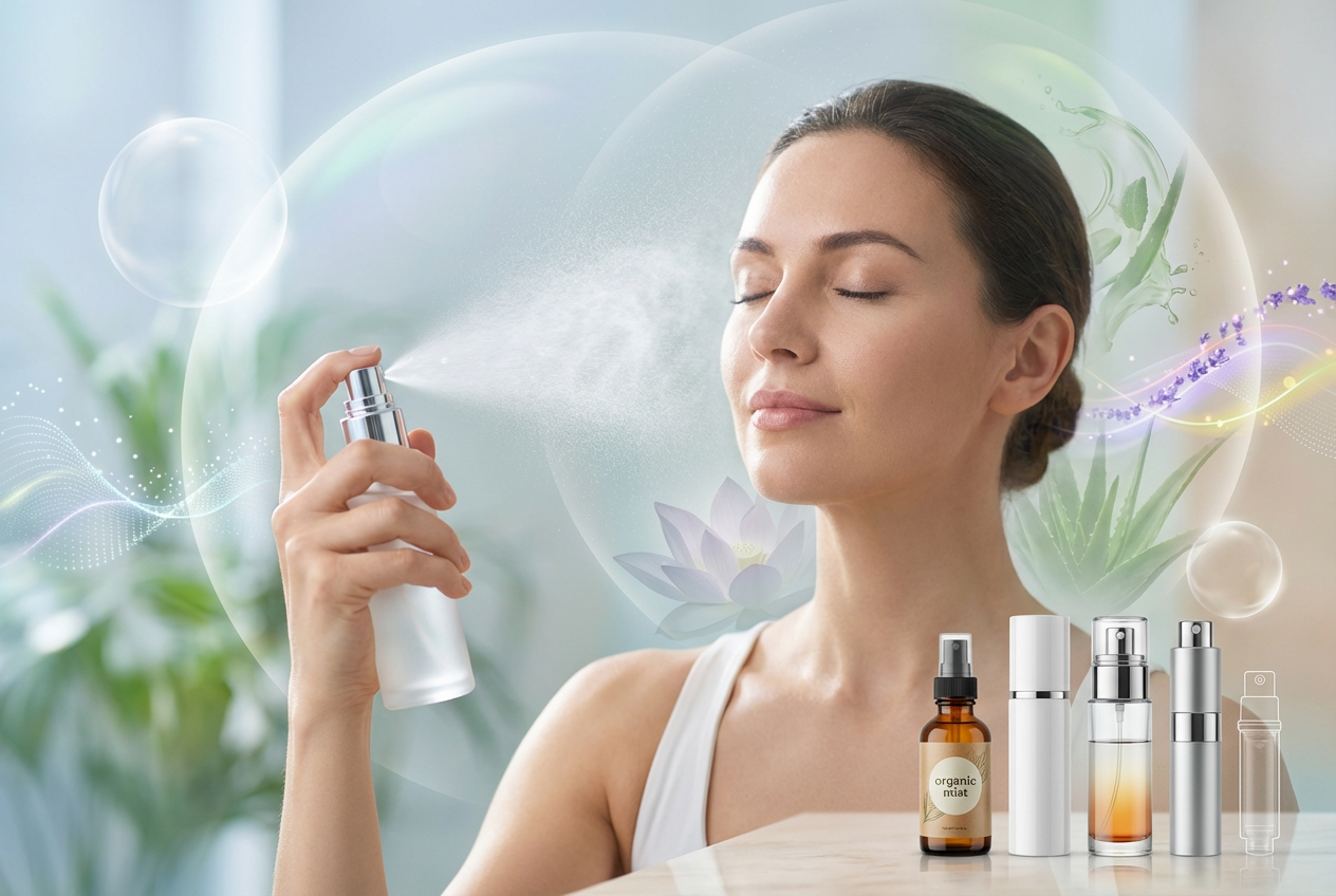 High-tech face mist bottle releasing ultrafine cloud of microencapsulated actives.