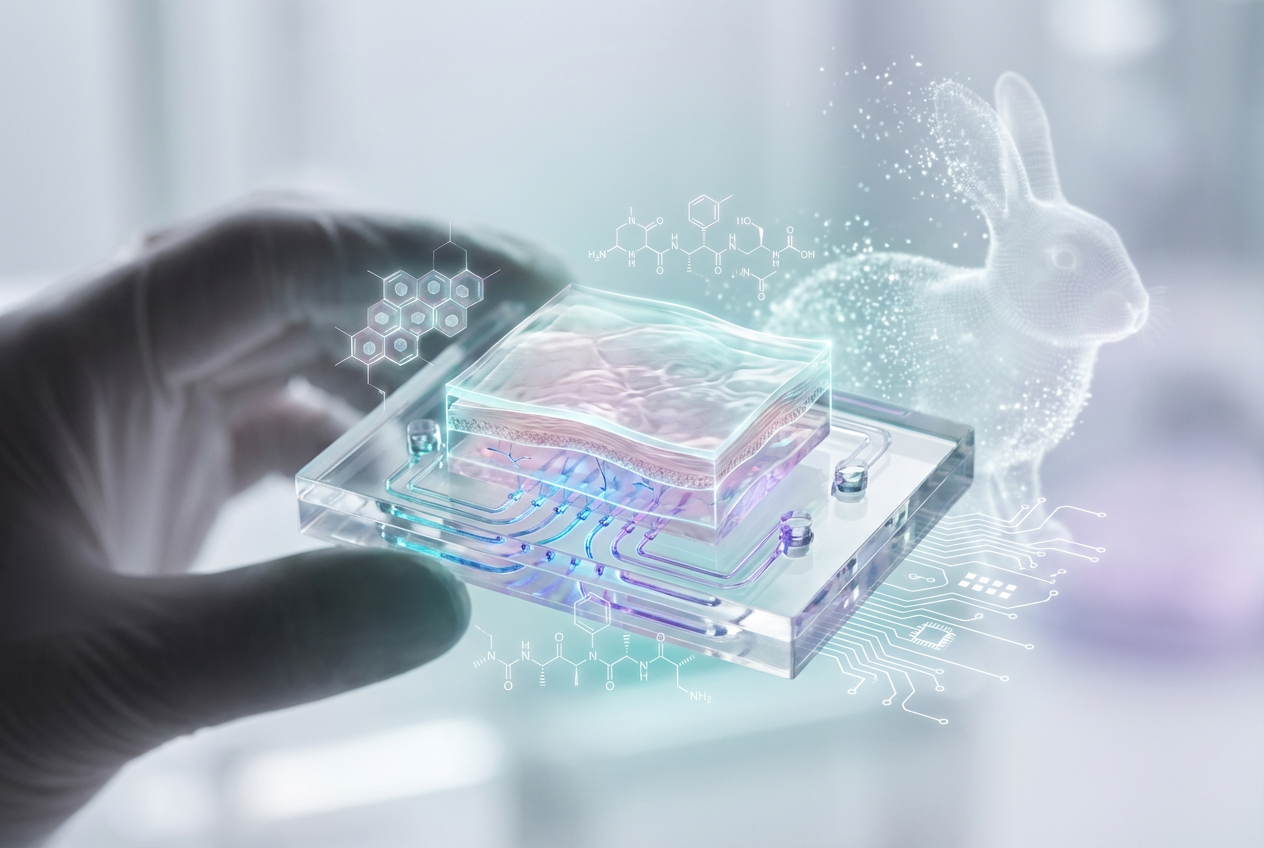 Skin-on-chip device simulating human skin layers for cosmetic testing.