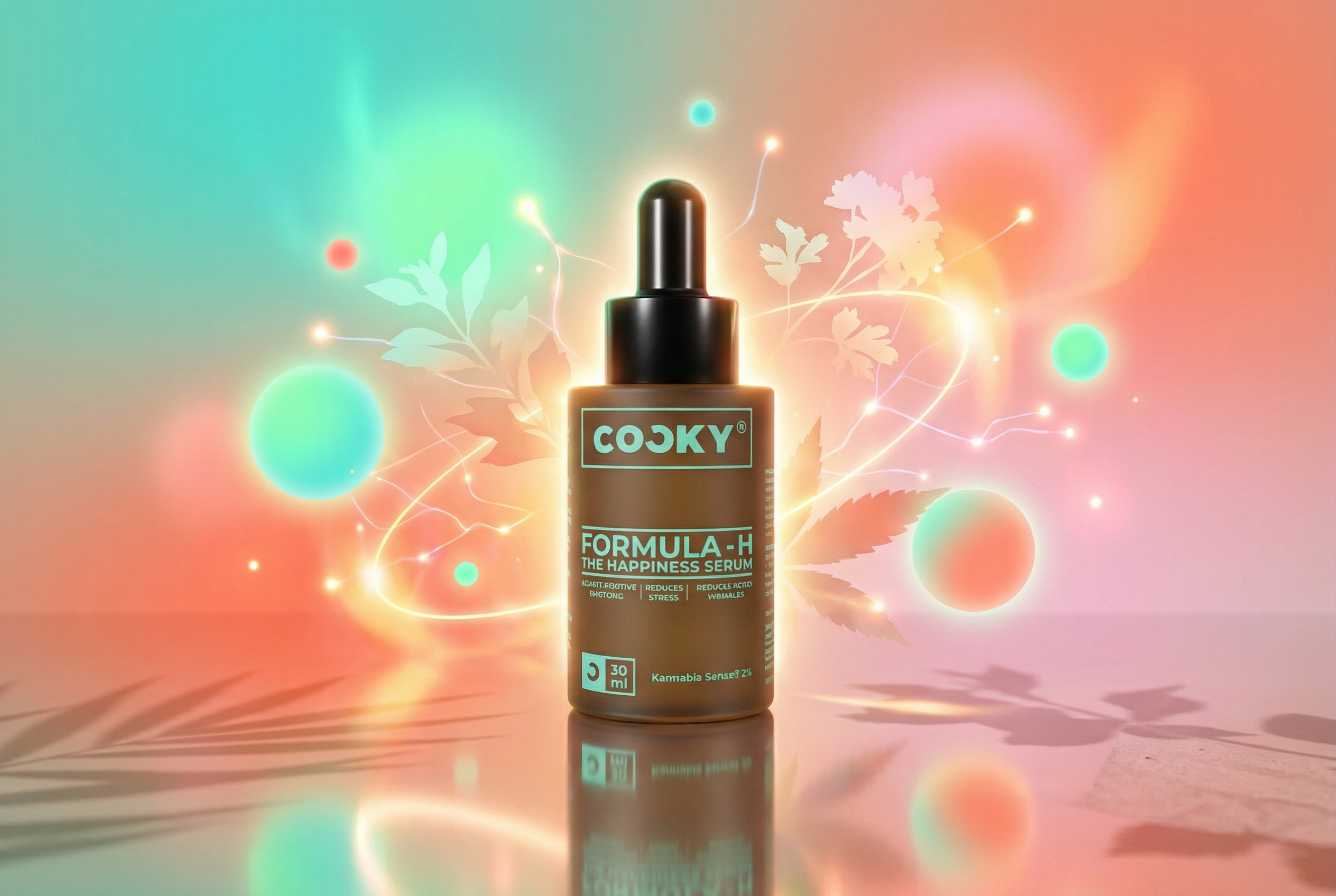 Cocky Formula H Happiness Serum product shot with vibrant packaging.