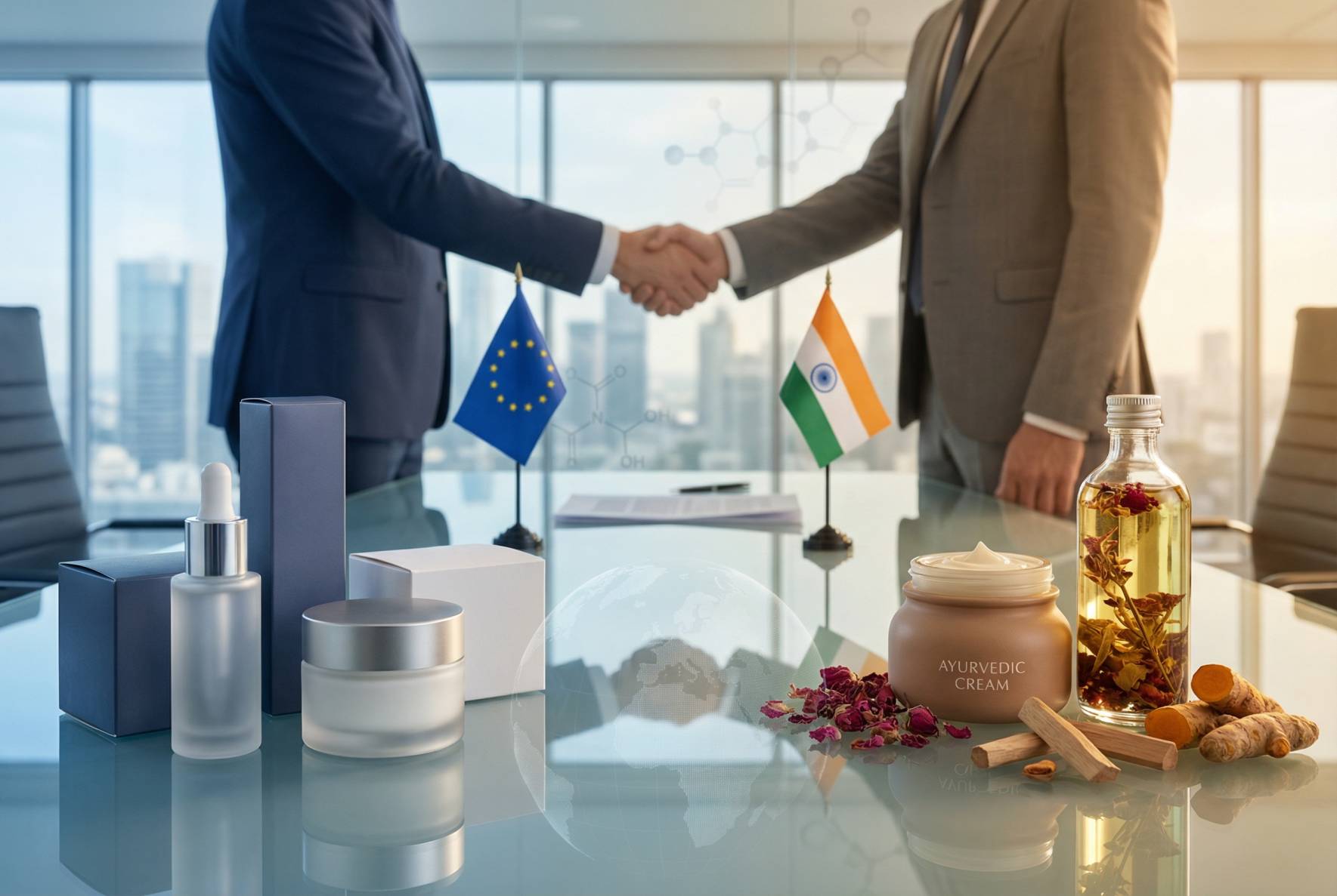 EU and India trade agreement concept with cosmetics products, botanical ingredients and regulatory documents representing bilateral beauty market growth.