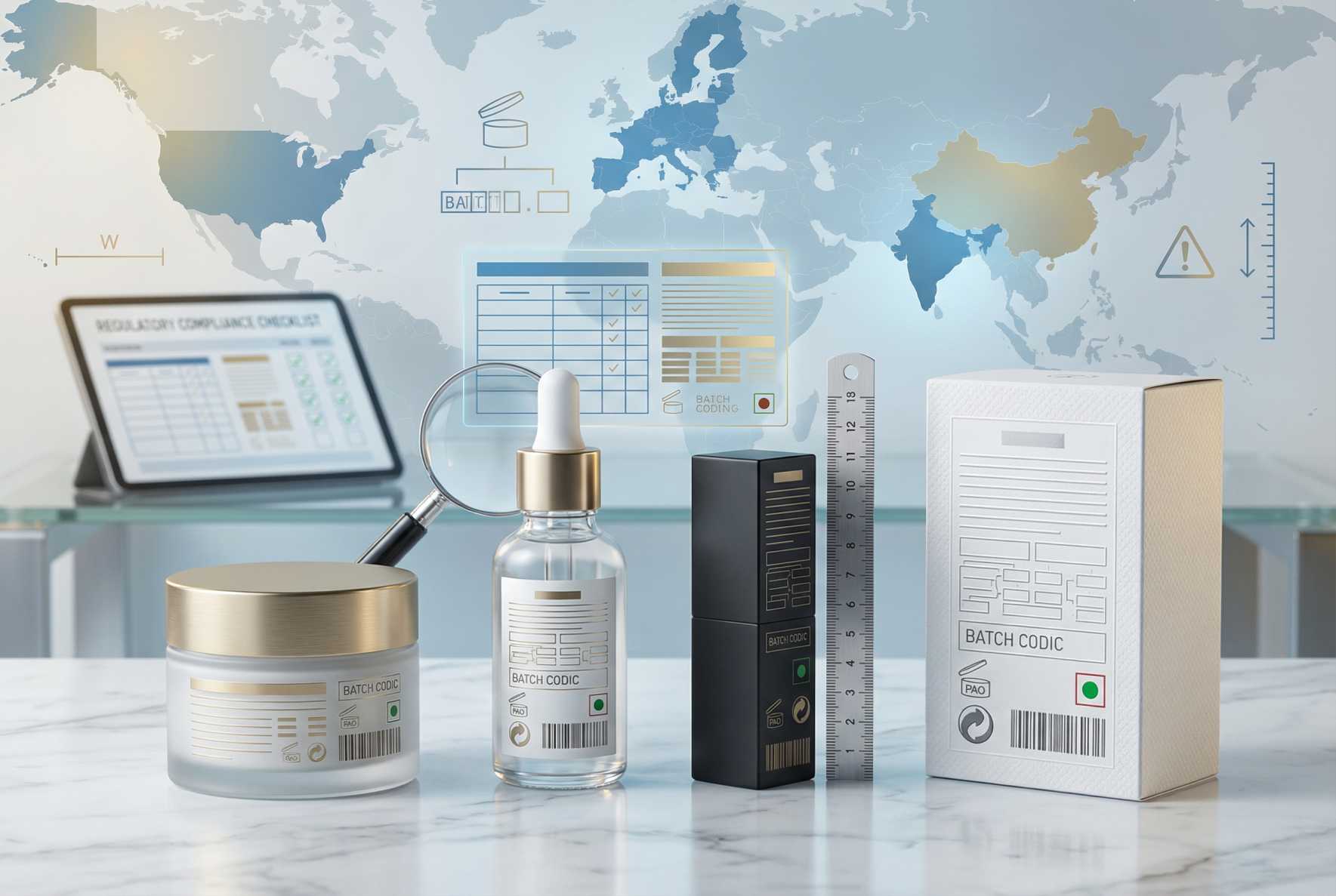 Cosmetic product packaging showing regulatory label information including ingredients, batch number, expiry date, and compliance symbols