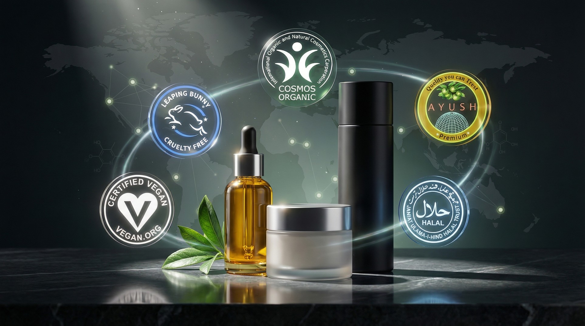 Key cosmetic certifications including GMP, ISO, Halal, Vegan, and COSMOS shaping global beauty industry