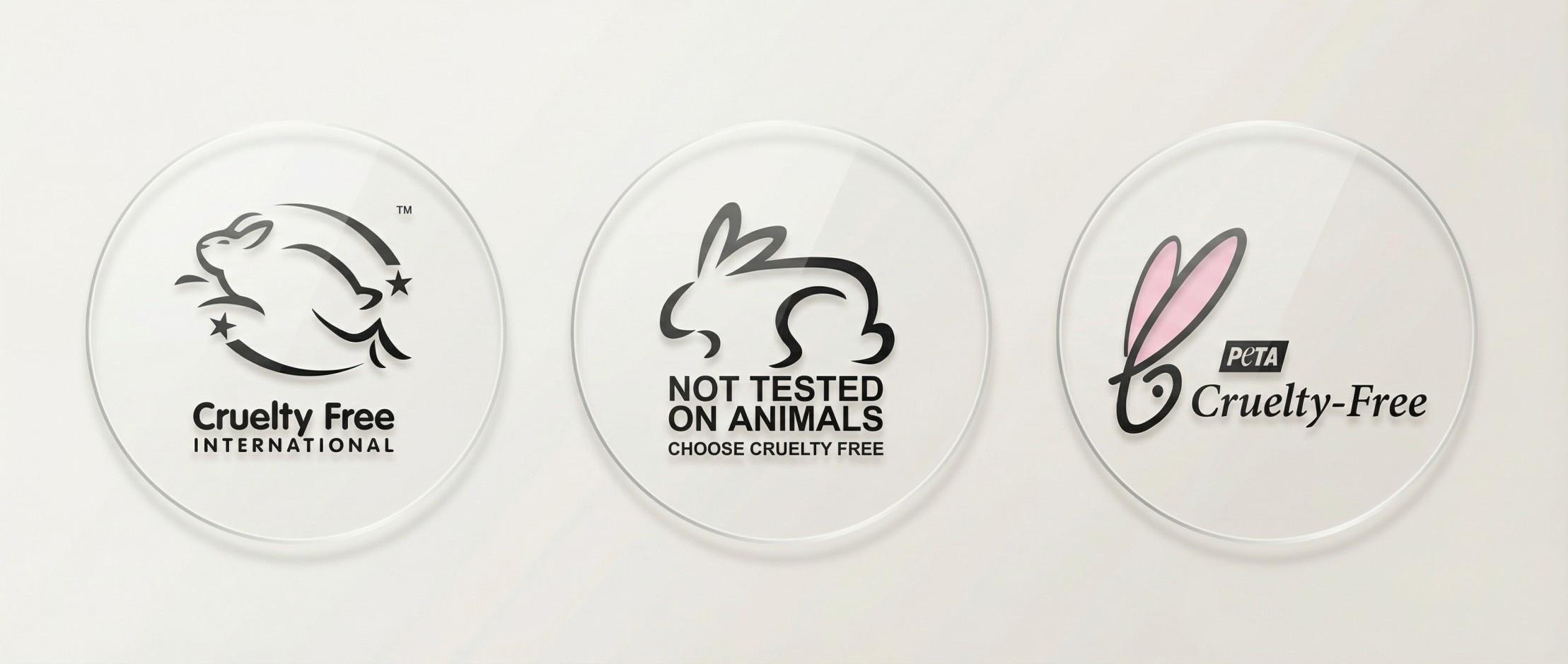 Cruelty-free certification logos including Leaping Bunny, Choose Cruelty Free, and PETA Beauty Without Bunnies on white background