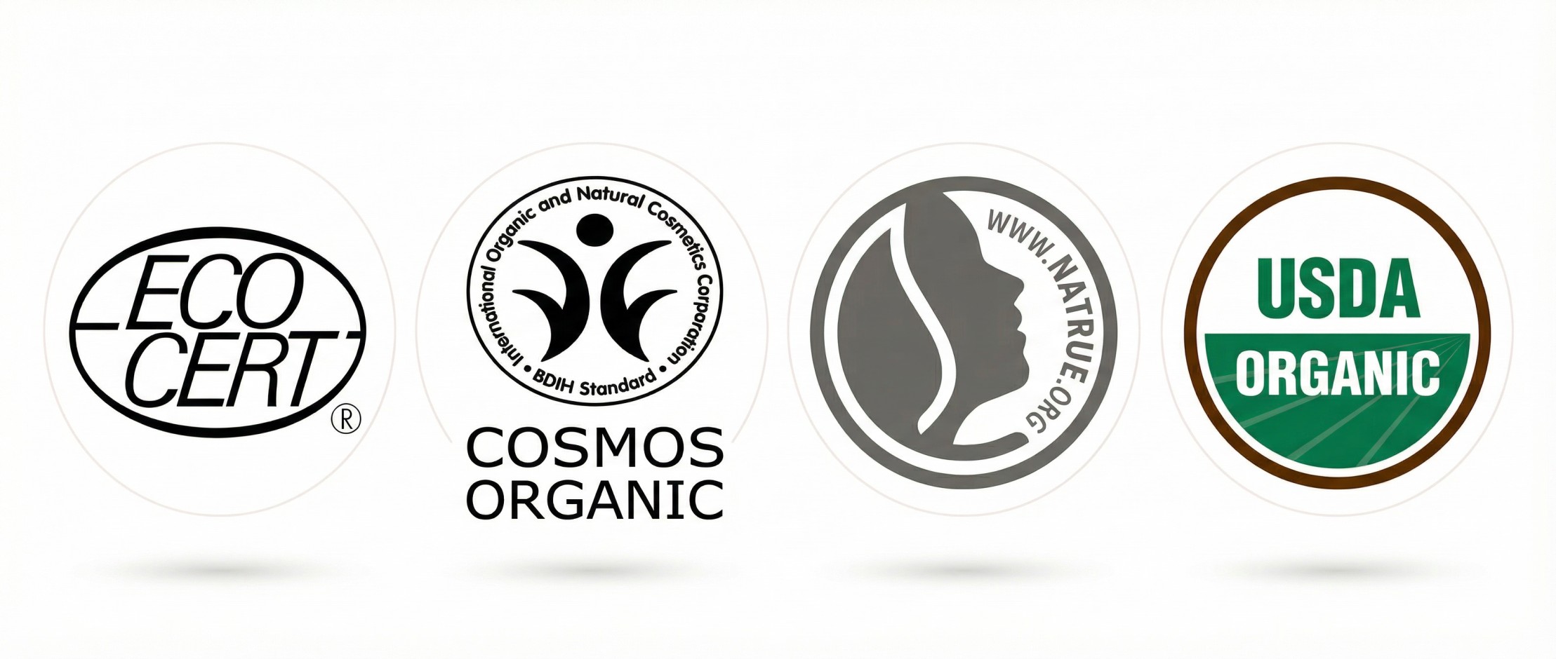 Natural and organic cosmetic certification logos including ECOCERT, COSMOS Organic, NATRUE, and USDA Organic on white background