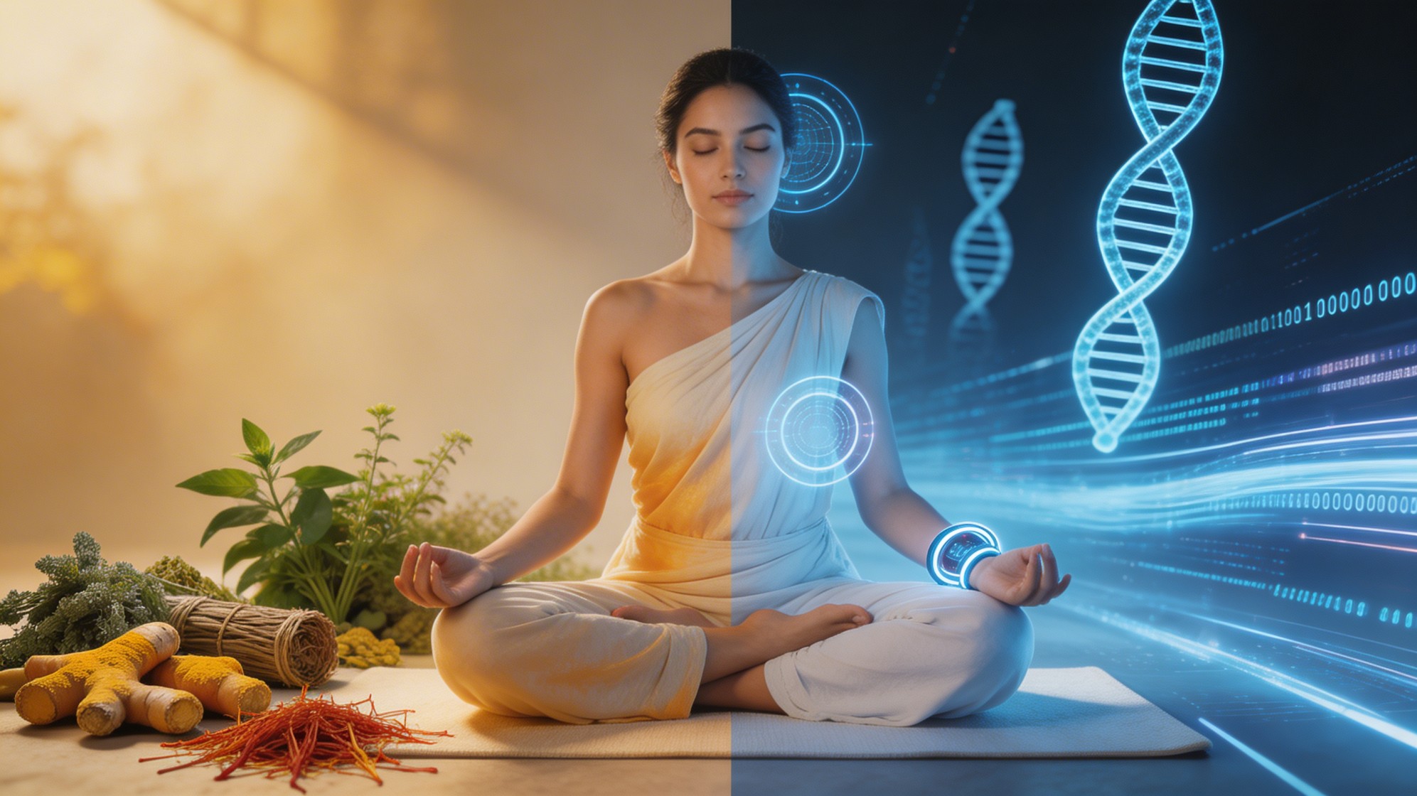 Biohacking in India combining Ayurveda, meditation, and DNA-based technology for personalized wellness