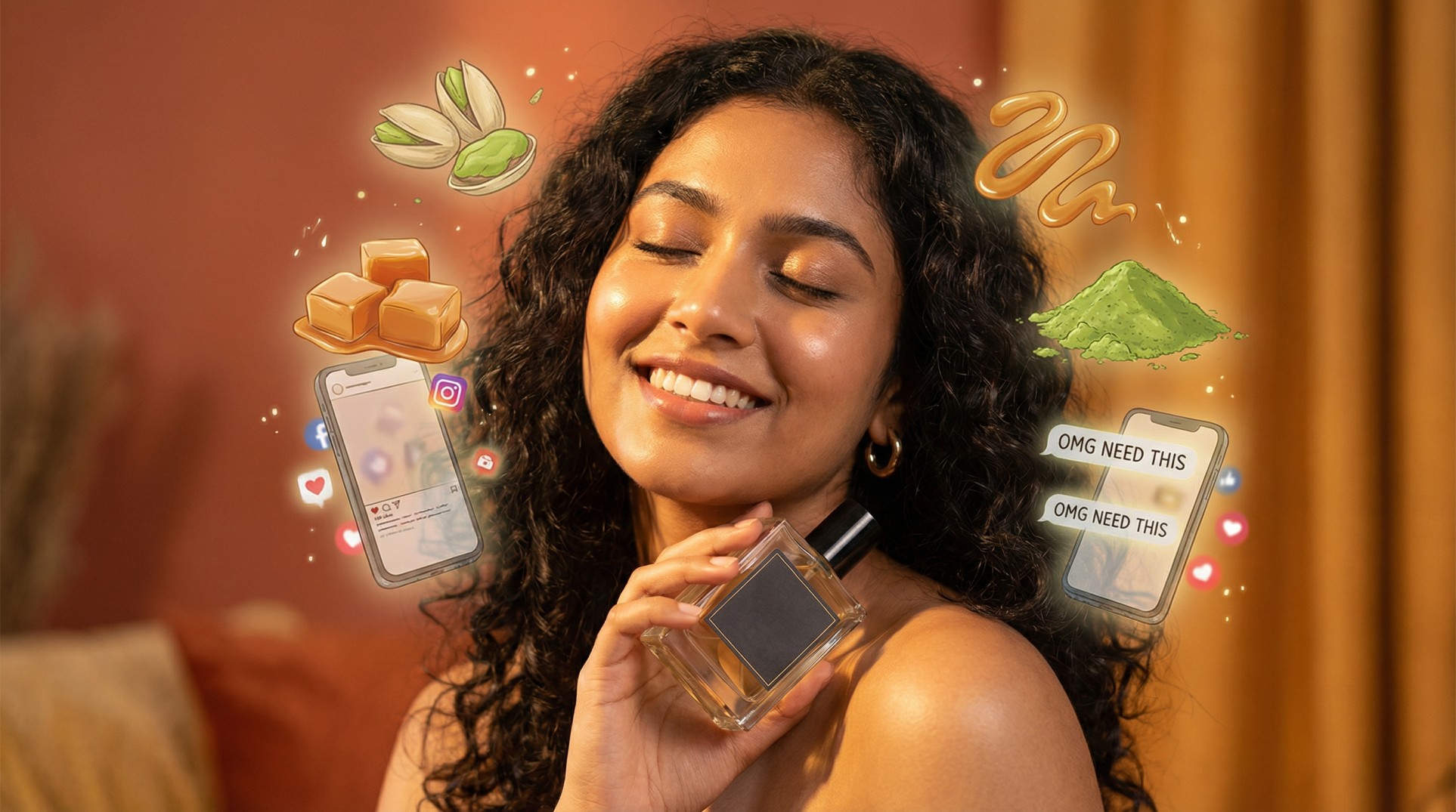 Gen Z fragrance layering trend in India featuring gourmand notes like pistachio and caramel