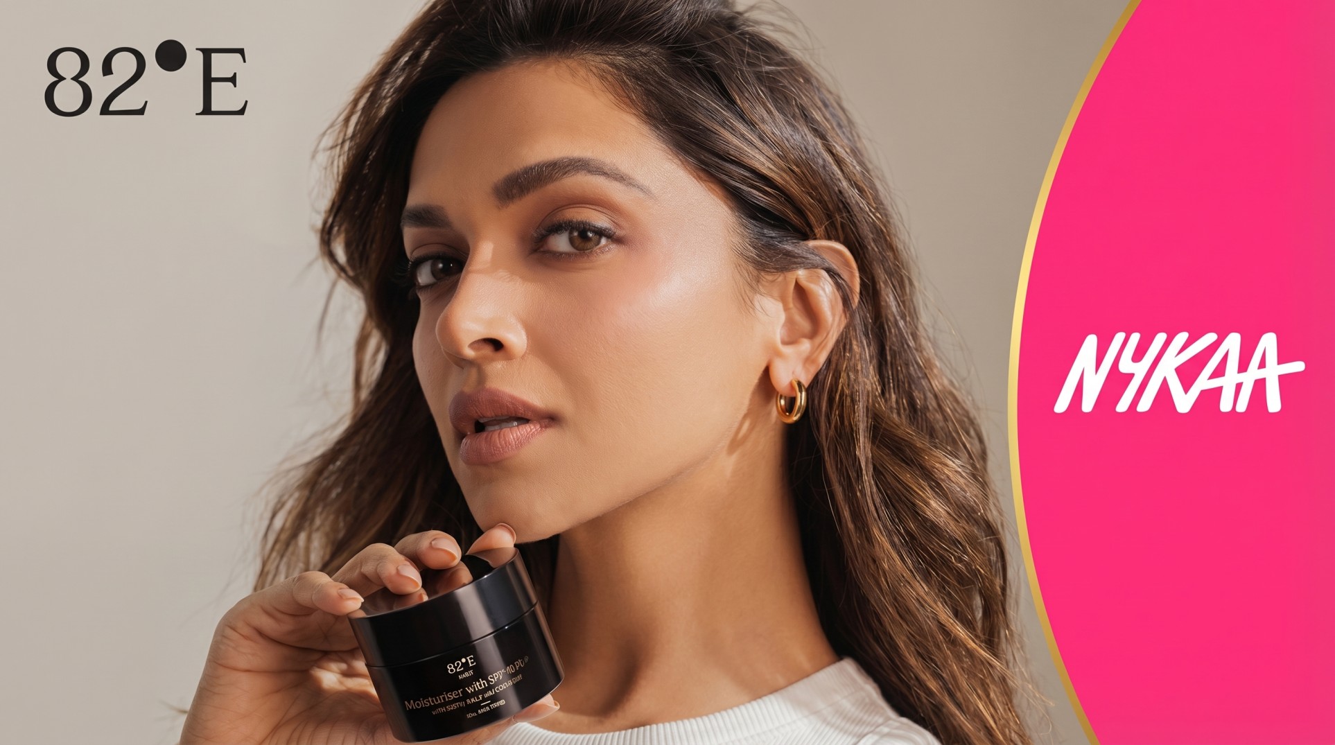 82°E skincare campaign image alongside the Nykaa logo, representing Nykaa's talks to acquire Deepika Padukone's skincare brand 82°E.