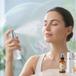 High-tech face mist bottle releasing ultrafine cloud of microencapsulated actives.
