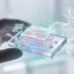 Skin-on-chip device simulating human skin layers for cosmetic testing.