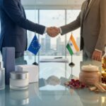 EU and India trade agreement concept with cosmetics products, botanical ingredients and regulatory documents representing bilateral beauty market growth.