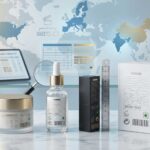 Cosmetic product packaging showing regulatory label information including ingredients, batch number, expiry date, and compliance symbols